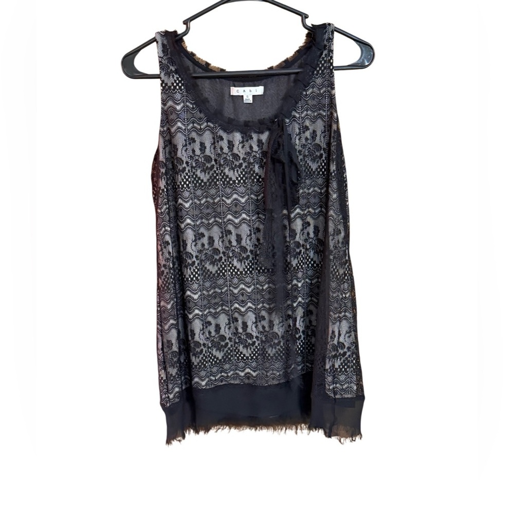 CAbi Black Lace Sleeveless Blouse Size S Sheer Floral Lace Tank Scalloped Hem